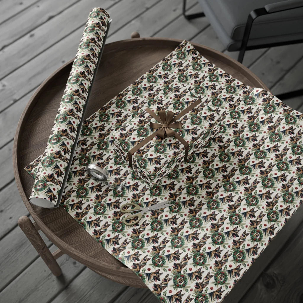 German Shepherd Christmas Wrapping Paper — gift wrapping presented on a wooden table