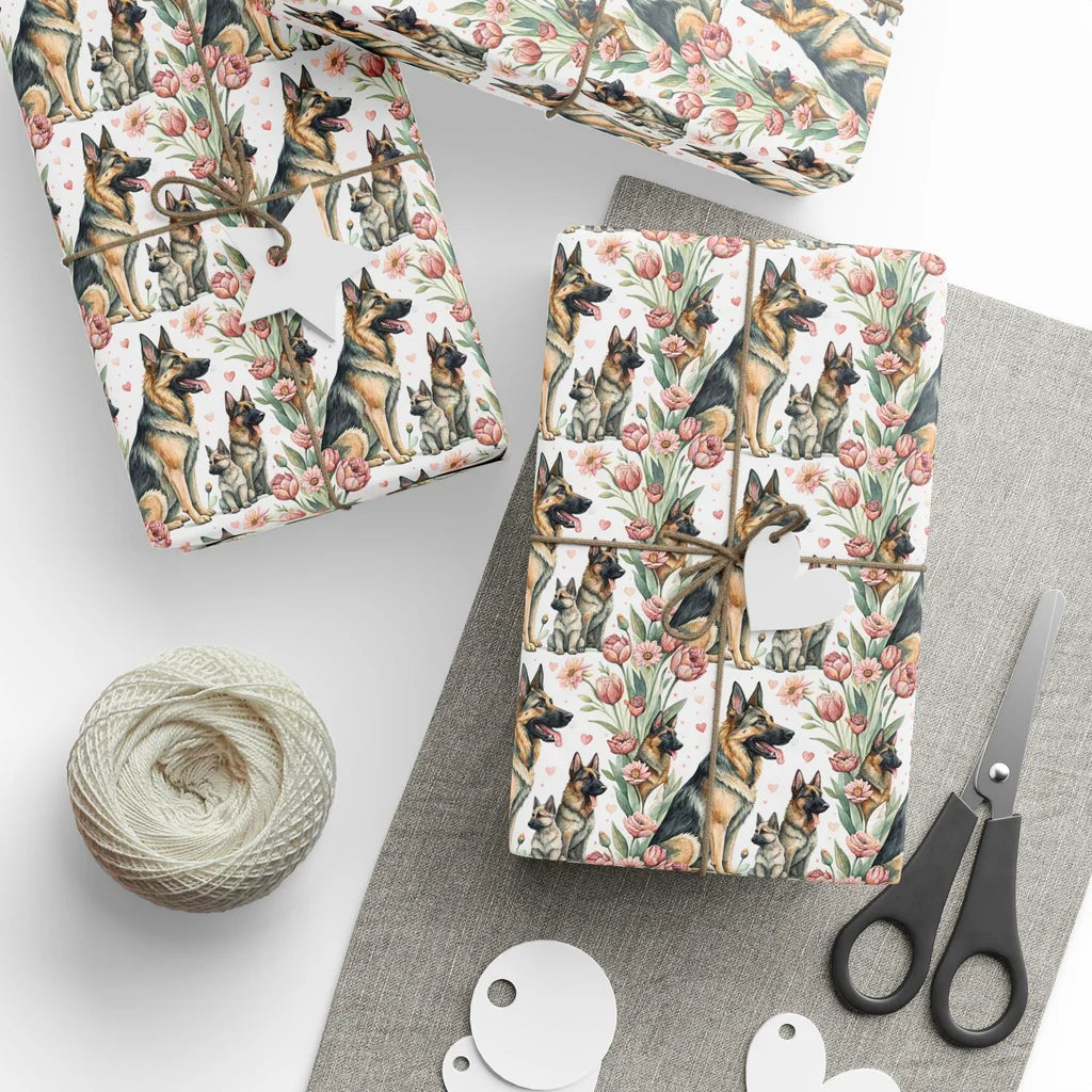 German Shepherd Floral Wrapping Paper — styled gift wrapping with scissors and twine