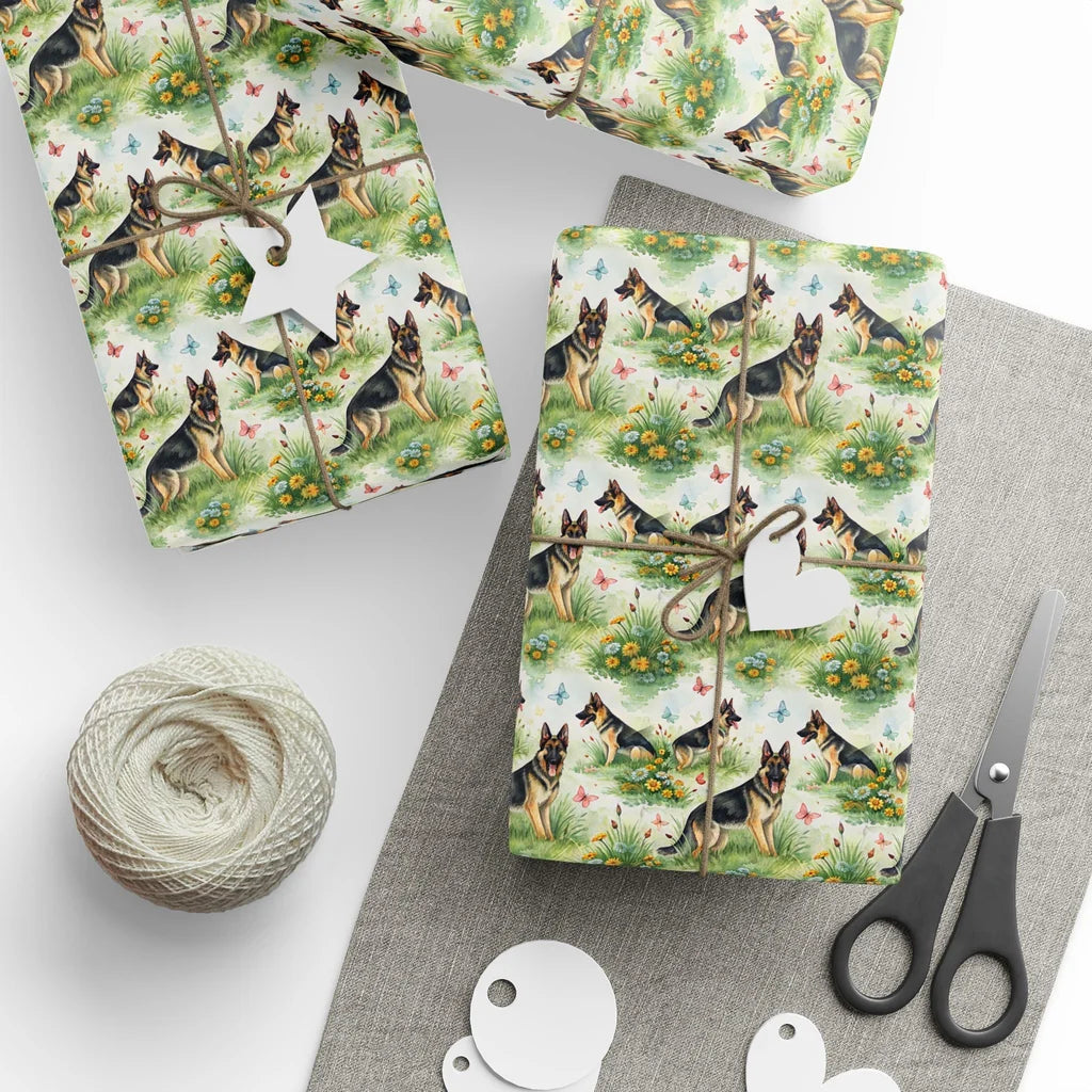 German Shepherd Garden Wrapping Paper — styled gift wrapping with scissors and twine