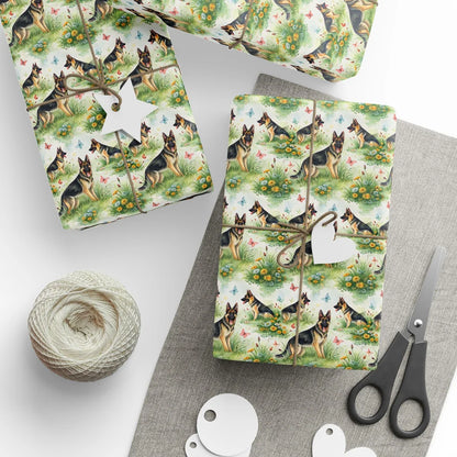 German Shepherd Garden Wrapping Paper — styled gift wrapping with scissors and twine