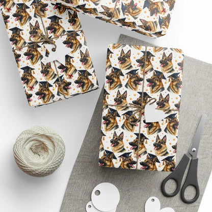 German Shepherd Graduation Wrapping Paper — styled gift wrapping with scissors and twine