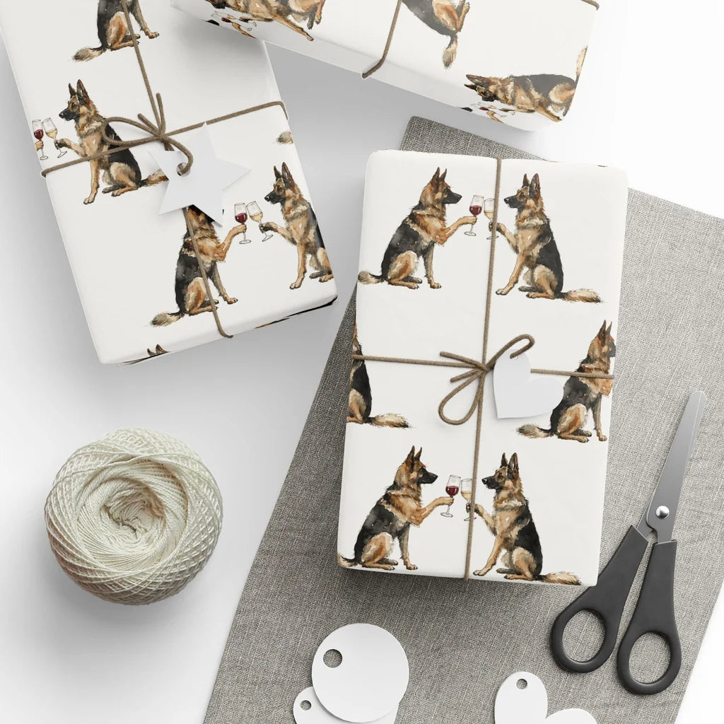 German Shepherd Happy Hour Wrapping Paper — styled gift wrapping with scissors and twine
