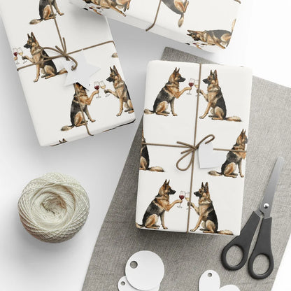 German Shepherd Happy Hour Wrapping Paper — styled gift wrapping with scissors and twine