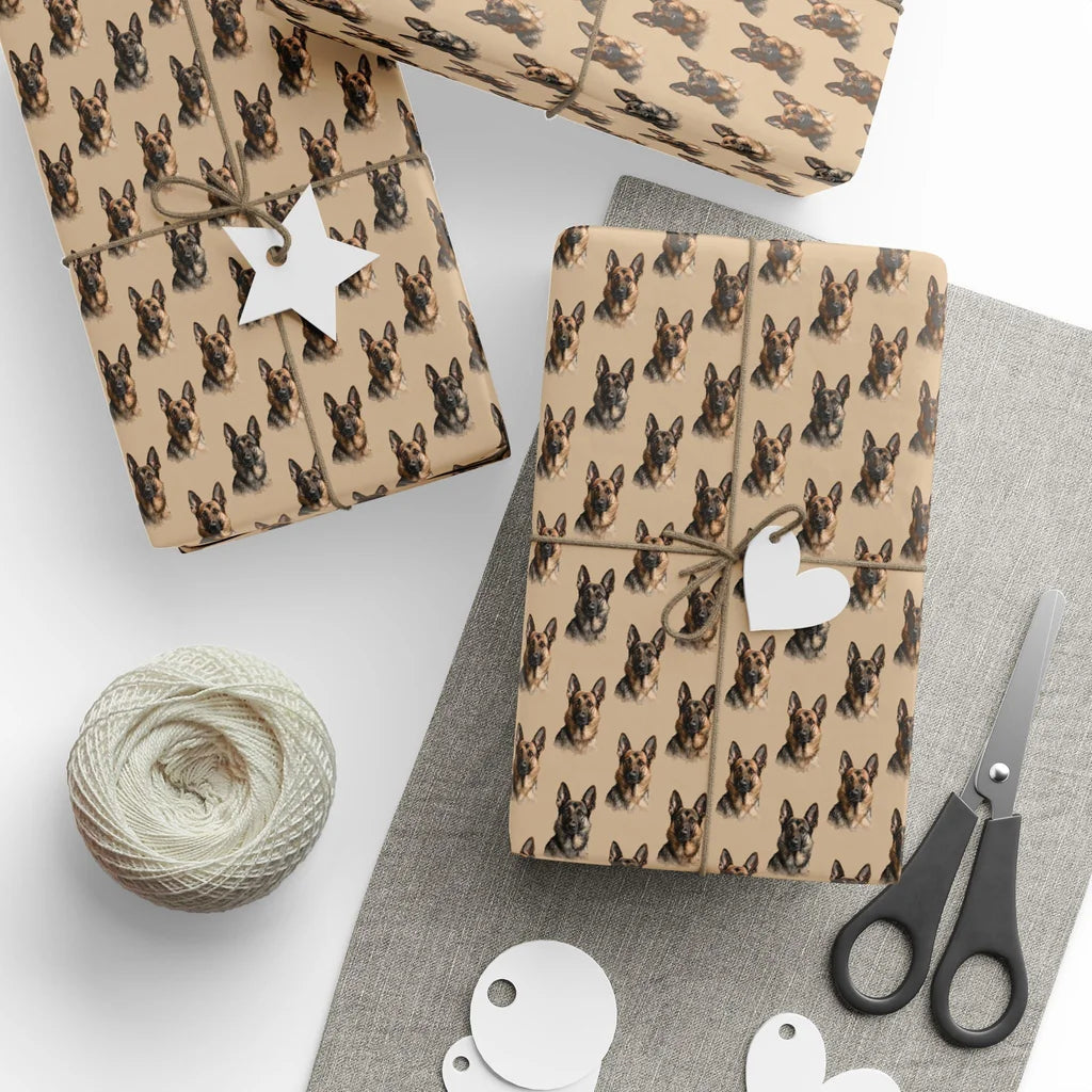 German Shepherd Portrait Wrapping Paper — styled gift wrapping with scissors and twine