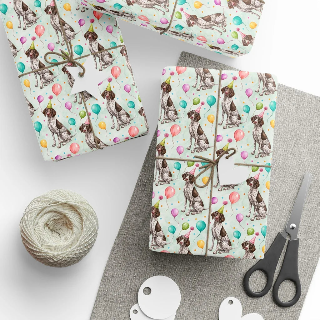 German Shorthaired Pointer Birthday Wrapping Paper — styled gift wrapping with scissors and twine