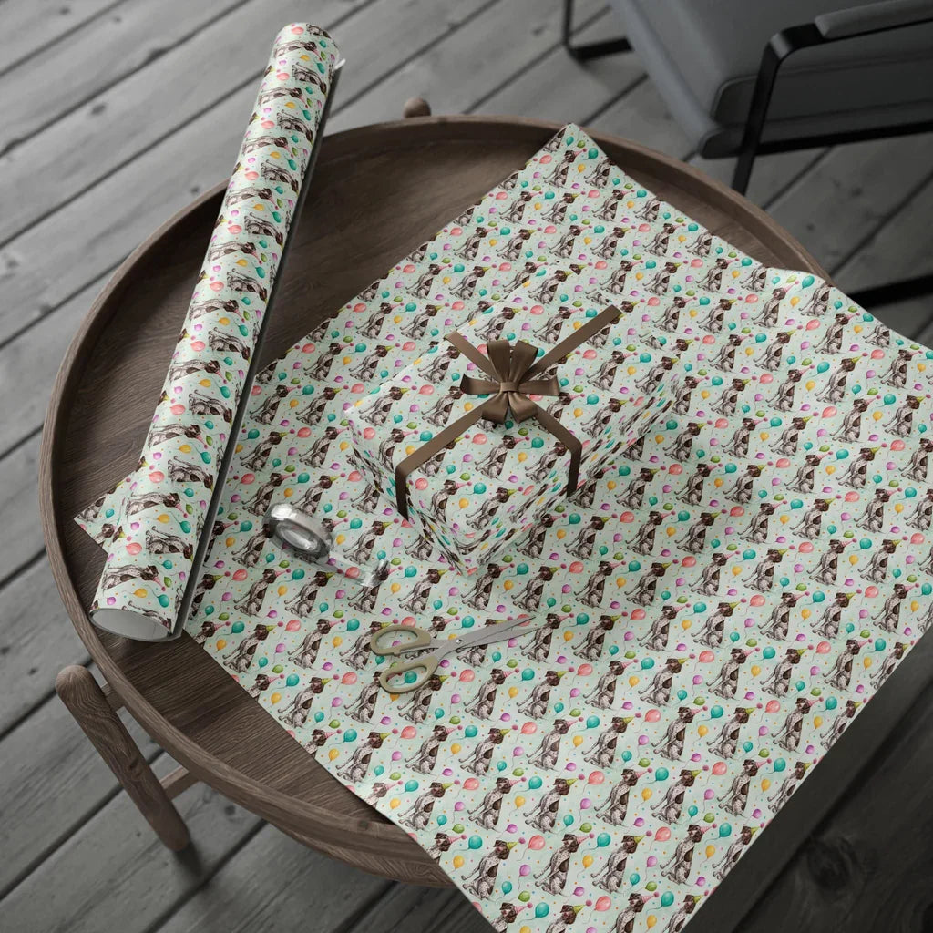 German Shorthaired Pointer Birthday Wrapping Paper — gift wrapping presented on a wooden table