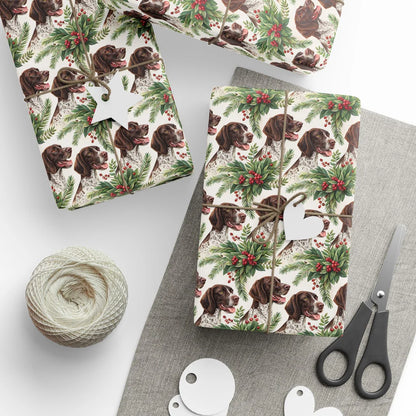 German Shorthaired Pointer Portrait Wreath Wrapping Paper — styled gift wrapping with scissors and twine