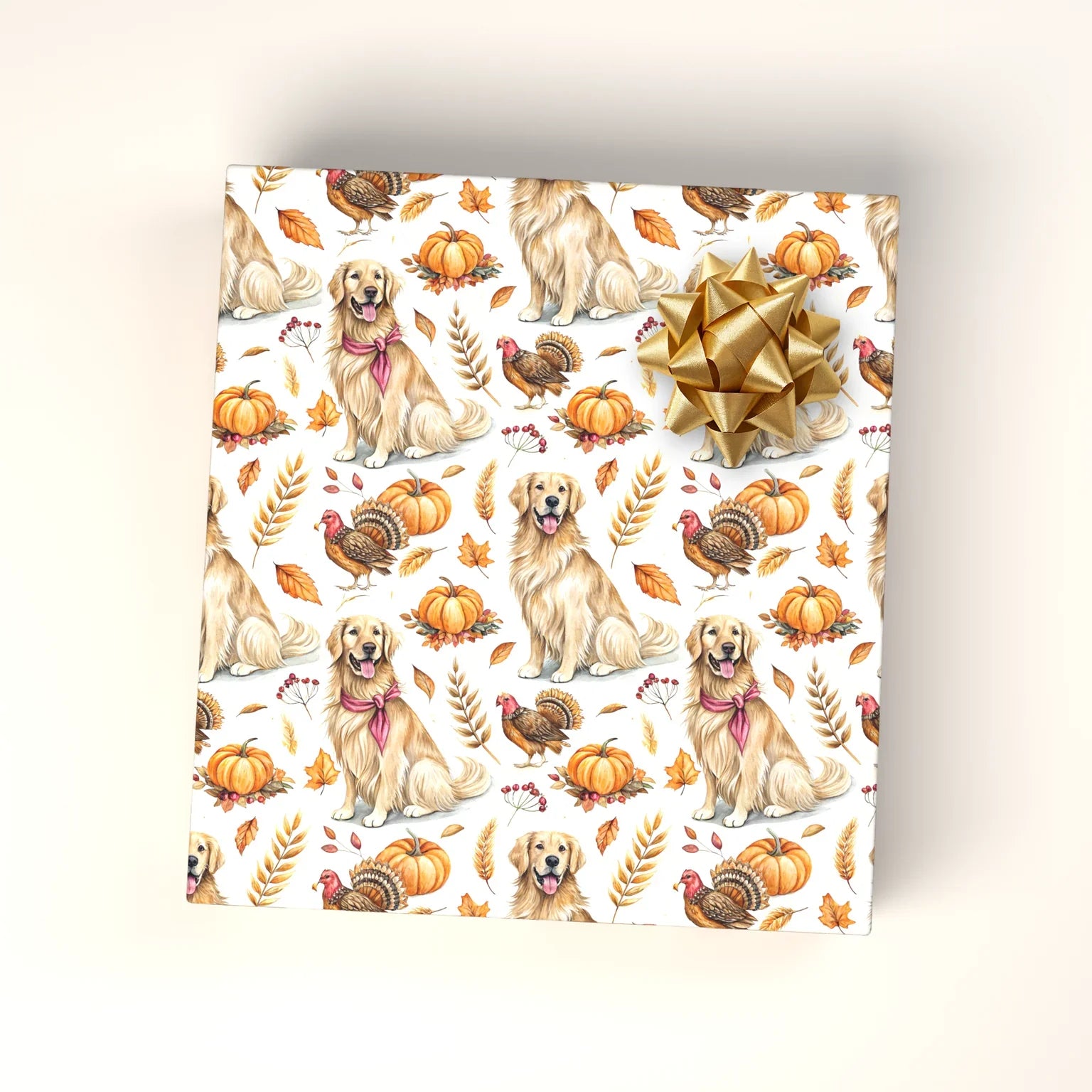 Gobble 'Til You Wobble: Golden Retriever Thanksgiving Wrapping Paper — wrapped gift presentation