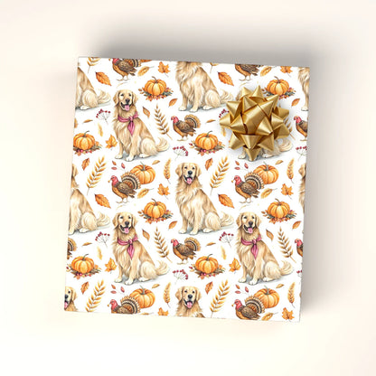 Gobble 'Til You Wobble: Golden Retriever Thanksgiving Wrapping Paper — wrapped gift presentation