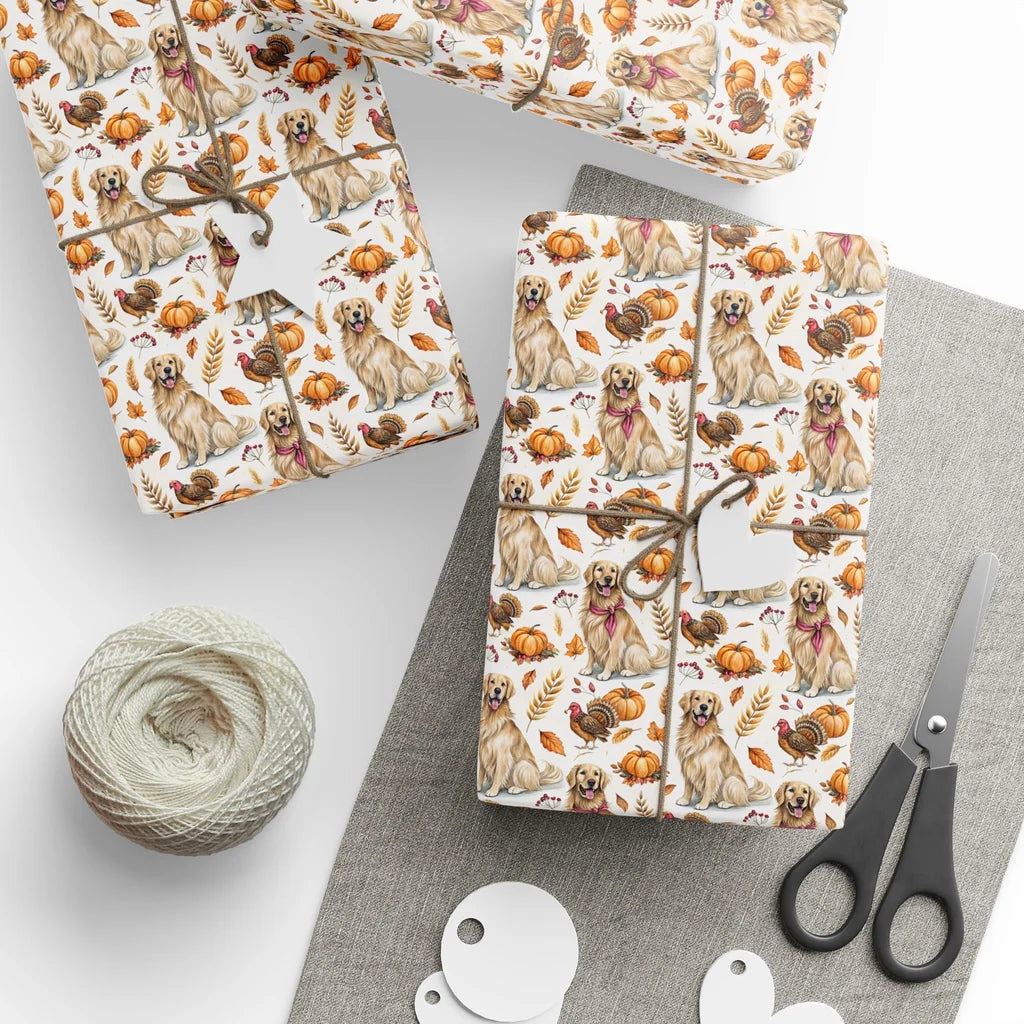 Gobble 'Til You Wobble: Golden Retriever Thanksgiving Wrapping Paper — styled gift wrapping with scissors and twine