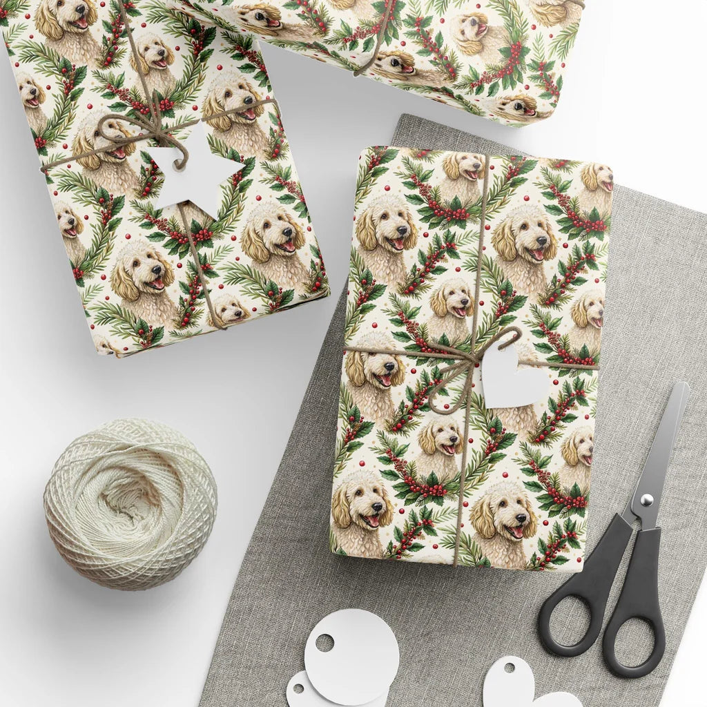 Golden Doodle Christmas Wrapping Paper — styled gift wrapping with scissors and twine