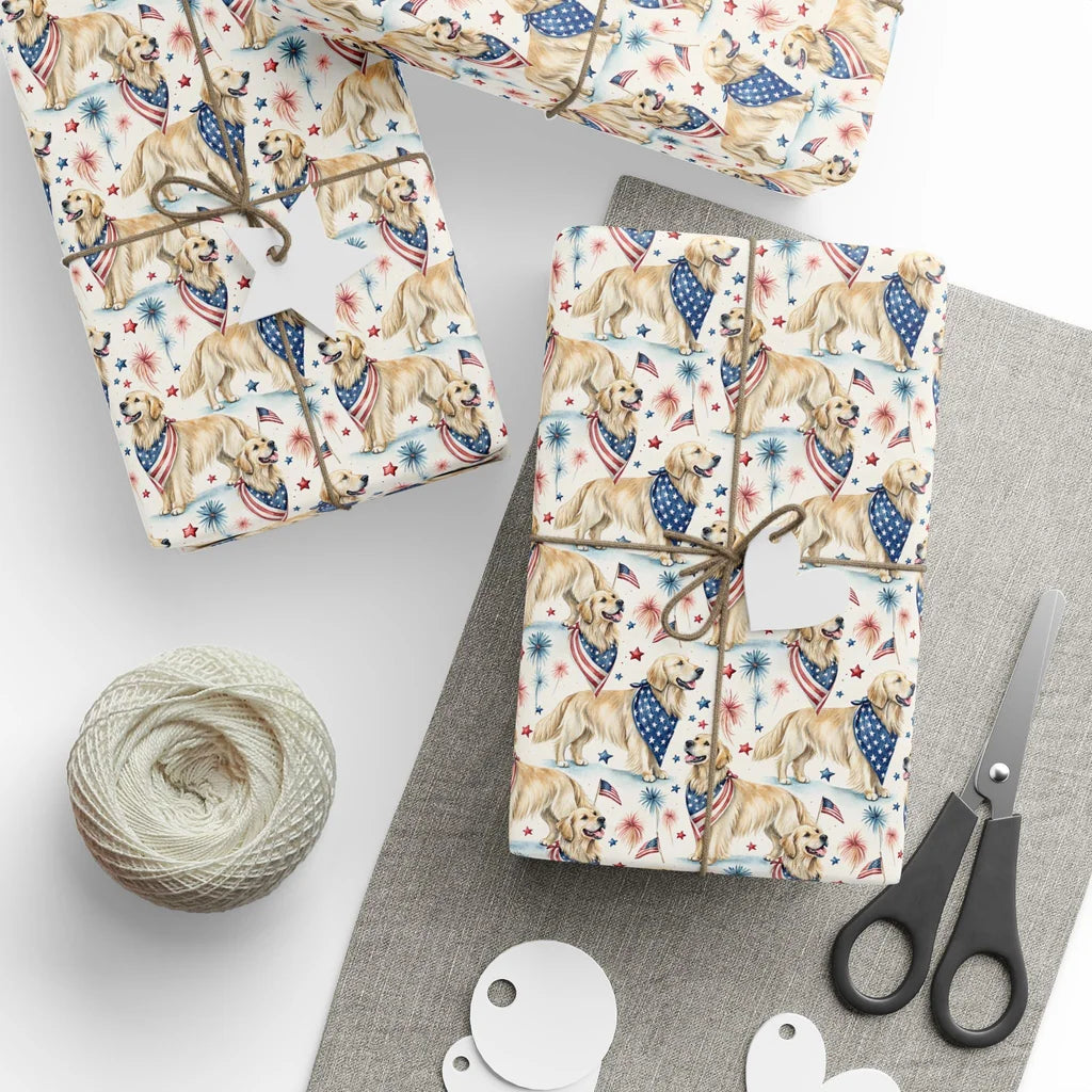 Golden Retriever Americana Wrapping Paper — styled gift wrapping with scissors and twine