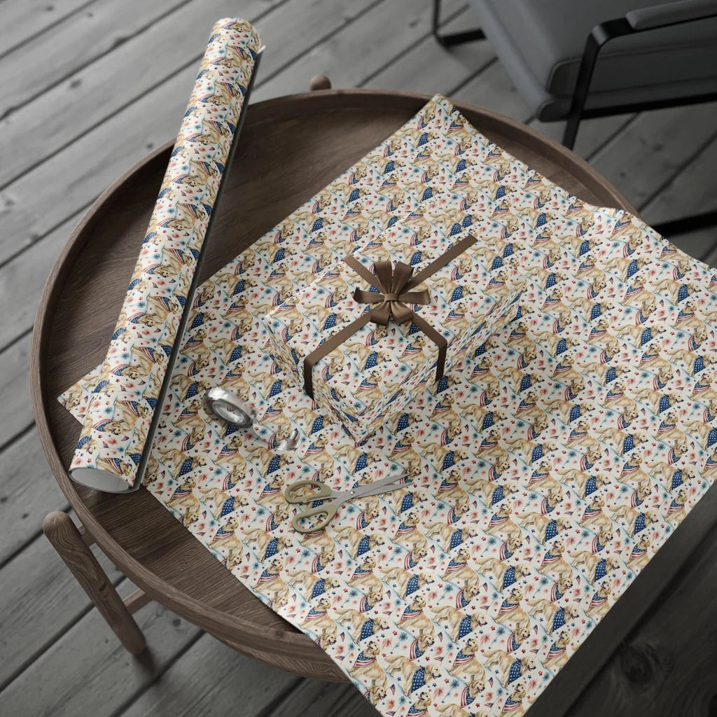 Golden Retriever Americana Wrapping Paper — gift wrapping presented on a wooden table
