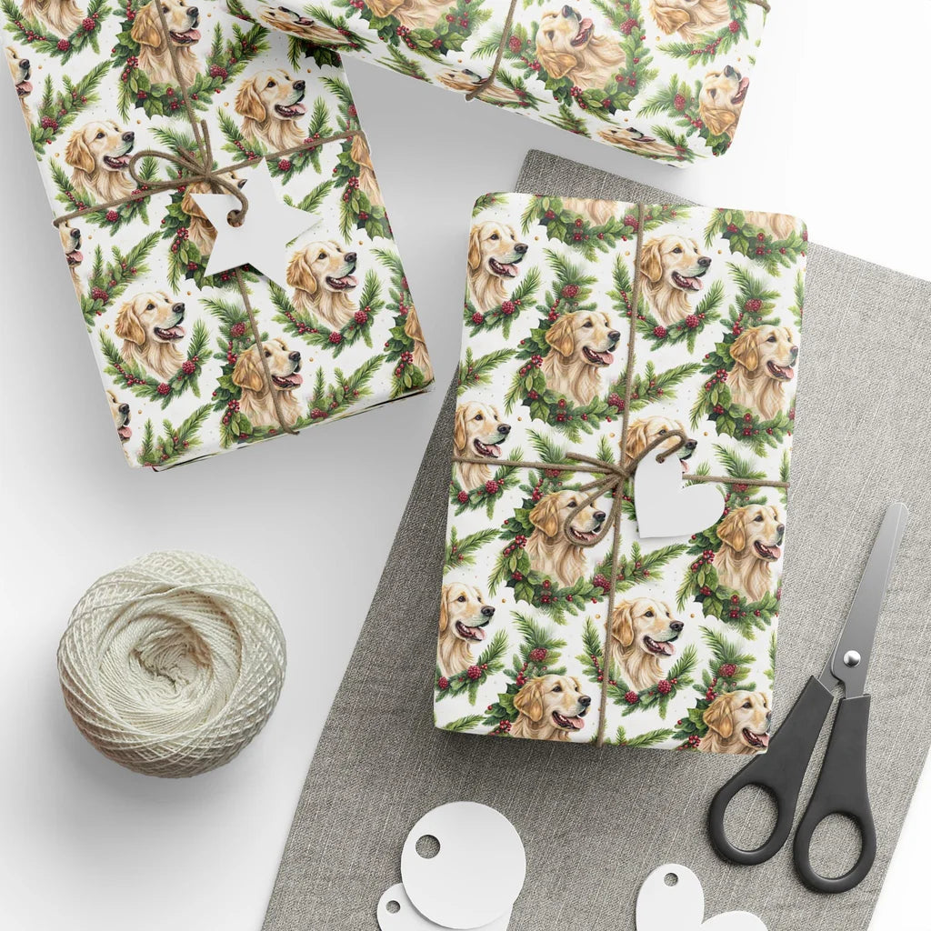 Golden Retriever Christmas Wrapping Paper — styled gift wrapping with scissors and twine