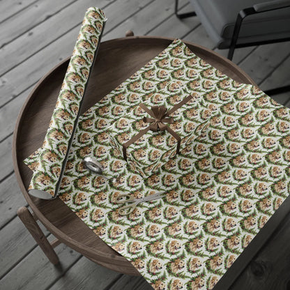Golden Retriever Christmas Wrapping Paper — gift wrapping presented on a wooden table