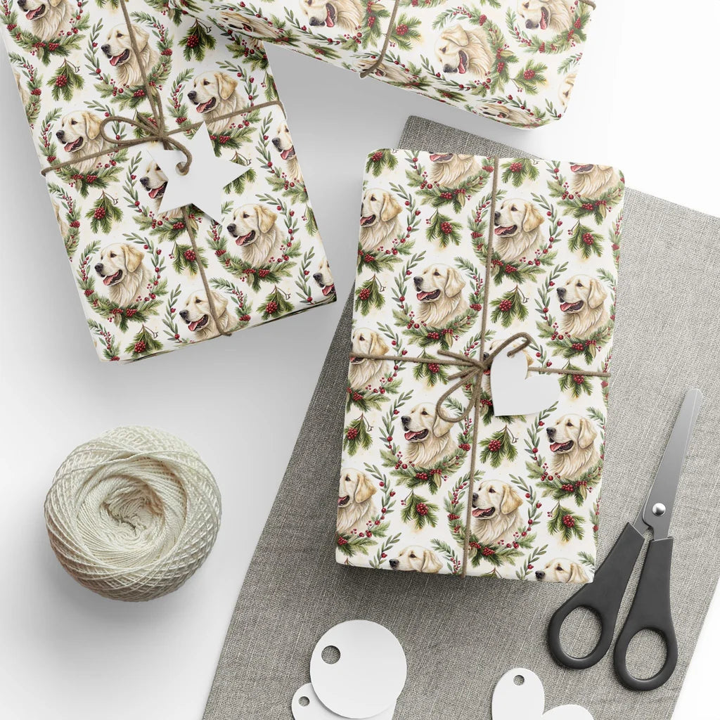 Golden Retriever Christmas Wreath Wrapping Paper — styled gift wrapping with scissors and twine