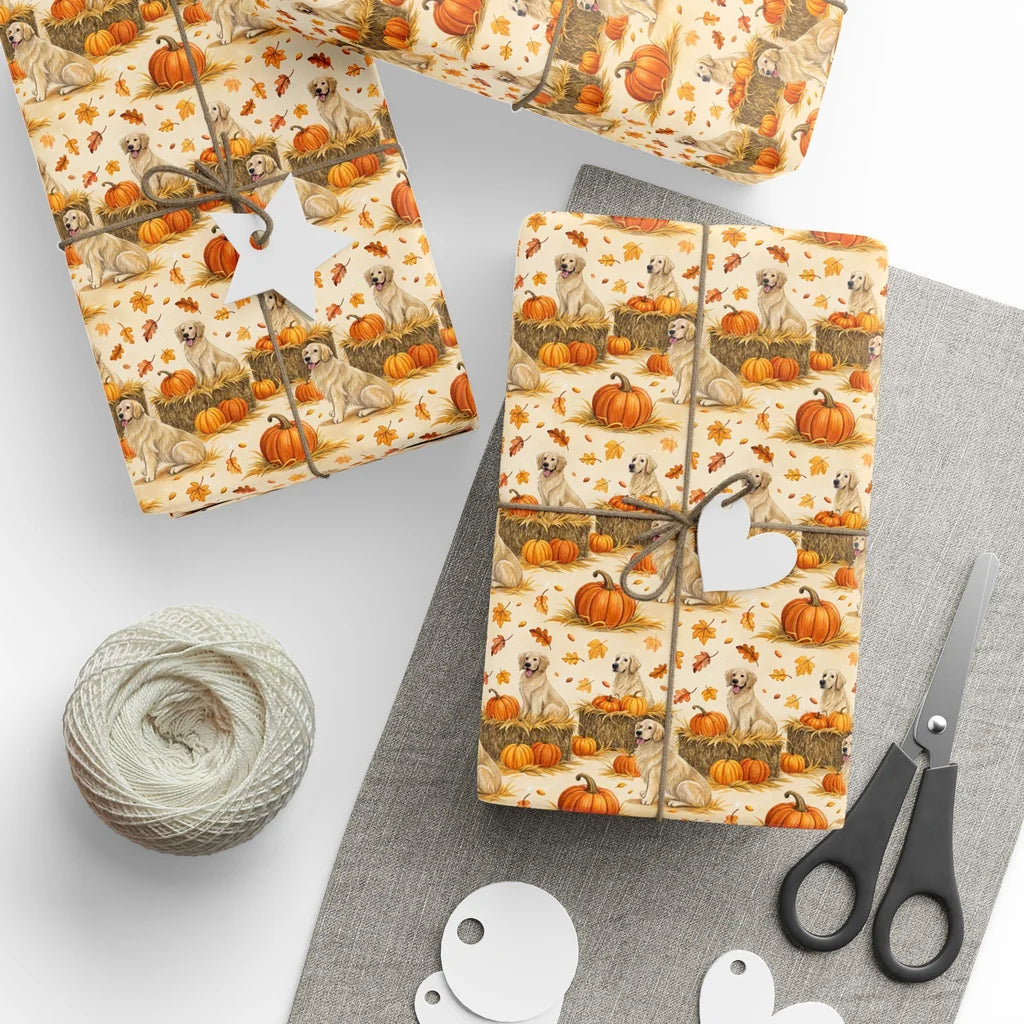 Golden Retriever Fall Pumpkin Wrapping Paper — styled gift wrapping with scissors and twine