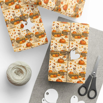Golden Retriever Fall Pumpkin Wrapping Paper — styled gift wrapping with scissors and twine