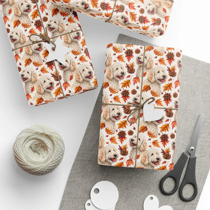 Golden Retriever Fall Wrapping Paper — styled gift wrapping with scissors and twine