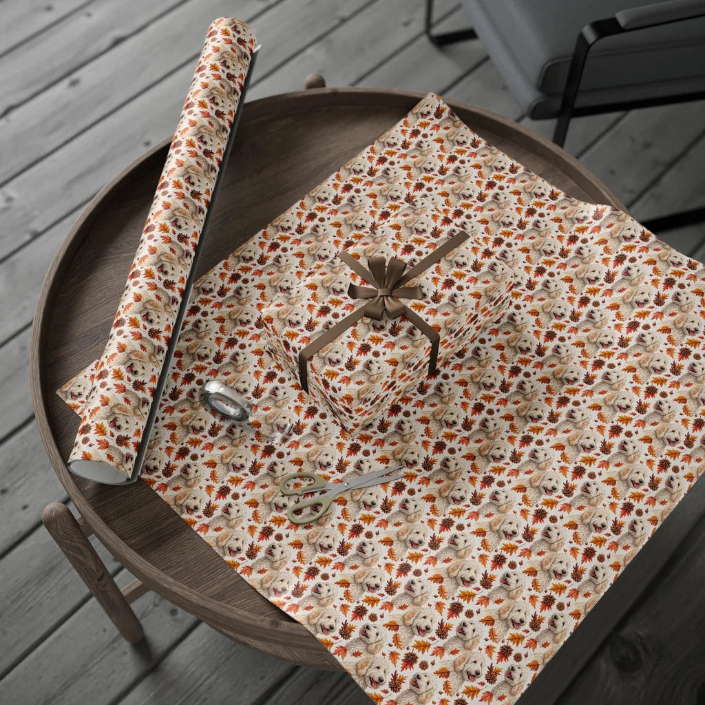 Golden Retriever Fall Wrapping Paper — gift wrapping presented on a wooden table