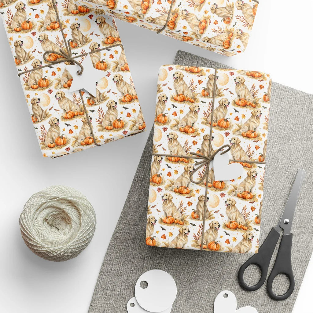 Golden Retriever Halloween Wrapping Paper — styled gift wrapping with scissors and twine