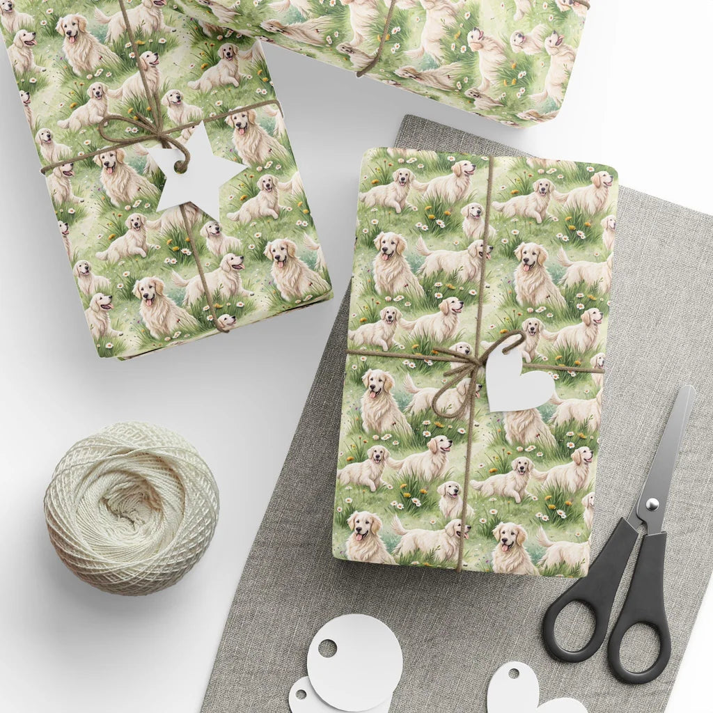 Golden Retriever Meadow Wrapping Paper — styled gift wrapping with scissors and twine