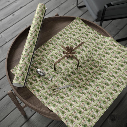 Golden Retriever Meadow Wrapping Paper — gift wrapping presented on a wooden table