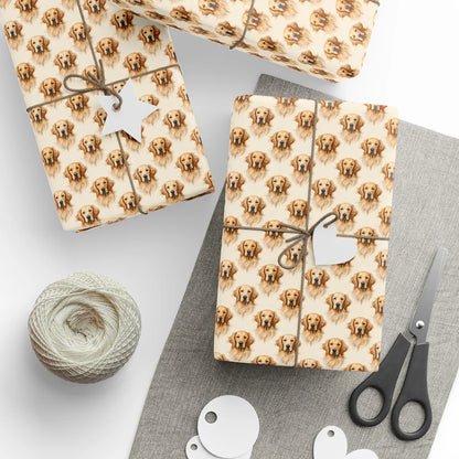 Golden Retriever Portrait Wrapping Paper — styled gift wrapping with scissors and twine