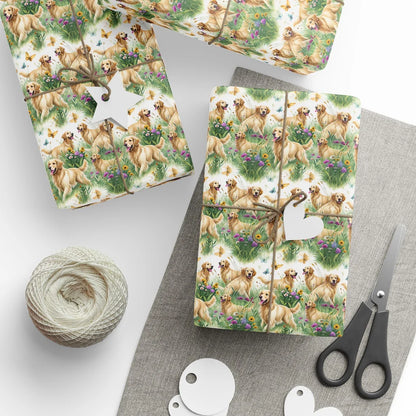 Golden Retriever Spring Garden Wrapping Paper — styled gift wrapping with scissors and twine