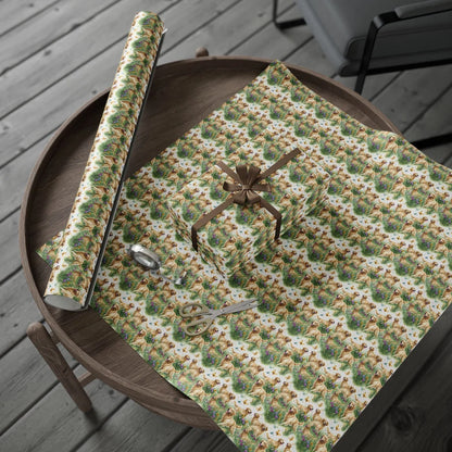 Golden Retriever Spring Garden Wrapping Paper — gift wrapping presented on a wooden table