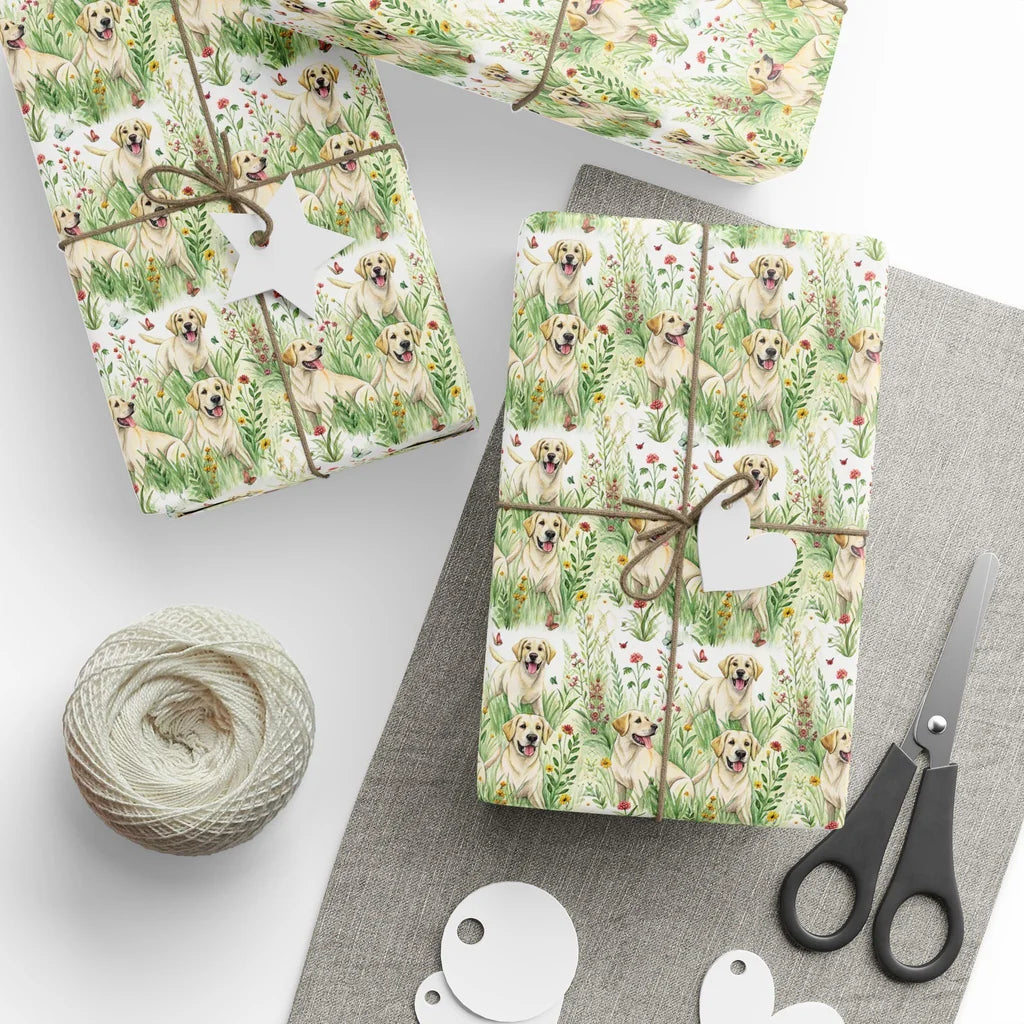 Golden Retriever Wildflower Meadow Wrapping Paper — styled gift wrapping with scissors and twine