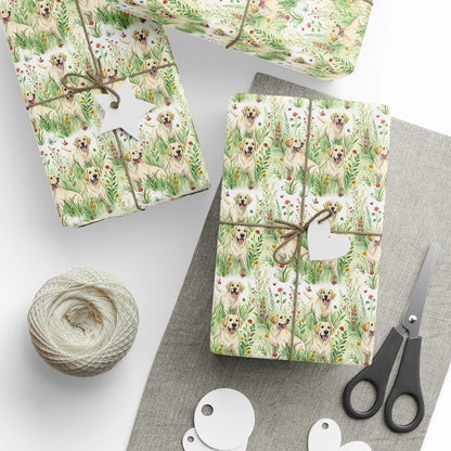 Golden Retriever Wildflower Meadow Wrapping Paper — styled gift wrapping with scissors and twine