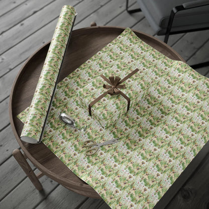 Golden Retriever Wildflower Meadow Wrapping Paper — gift wrapping presented on a wooden table