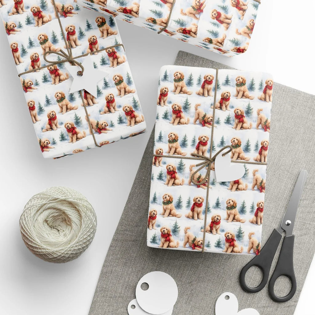 Goldendoodle Christmas Wrapping Paper — styled gift wrapping with scissors and twine