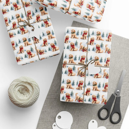 Goldendoodle Christmas Wrapping Paper — styled gift wrapping with scissors and twine