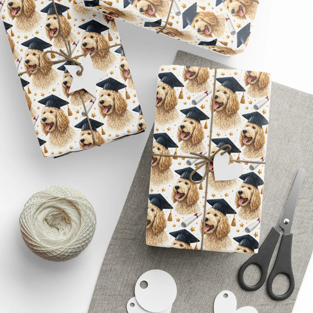 Goldendoodle Graduation Wrapping Paper — styled gift wrapping with scissors and twine