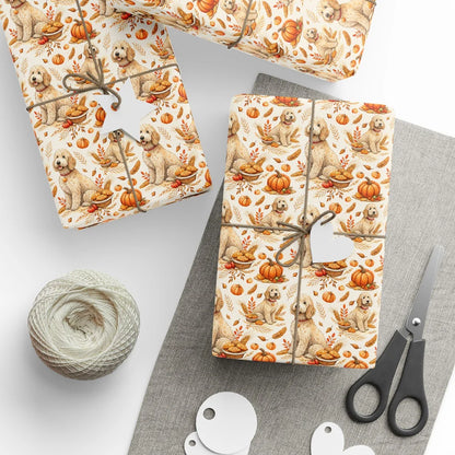 Goldendoodle Thanksgiving Wrapping Paper — styled gift wrapping with scissors and twine