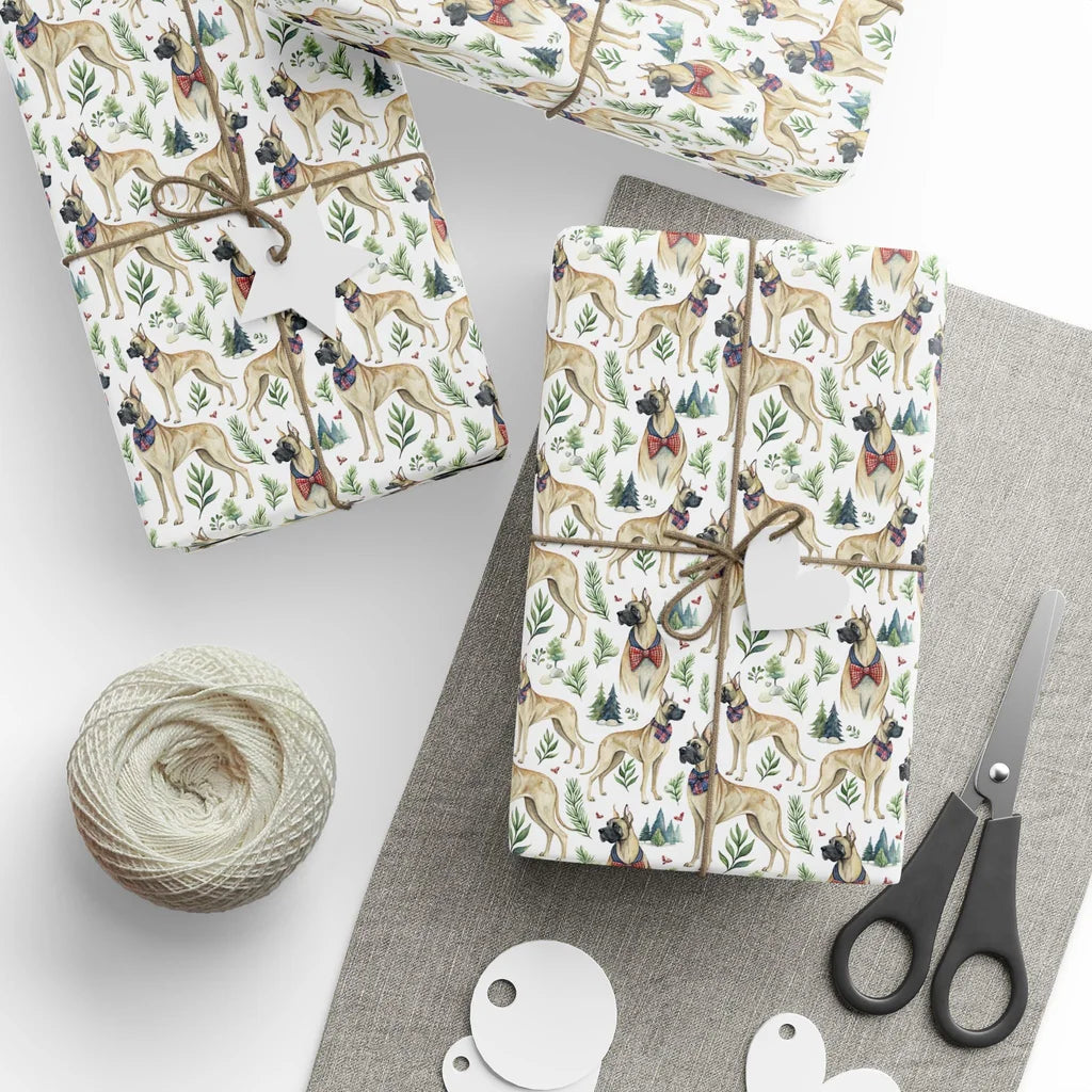 Great Dane Christmas Wrapping Paper — styled gift wrapping with scissors and twine
