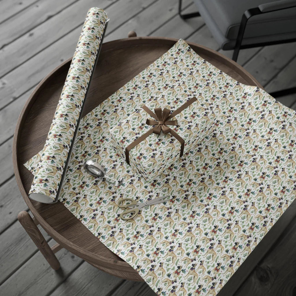 Great Dane Christmas Wrapping Paper — gift wrapping presented on a wooden table