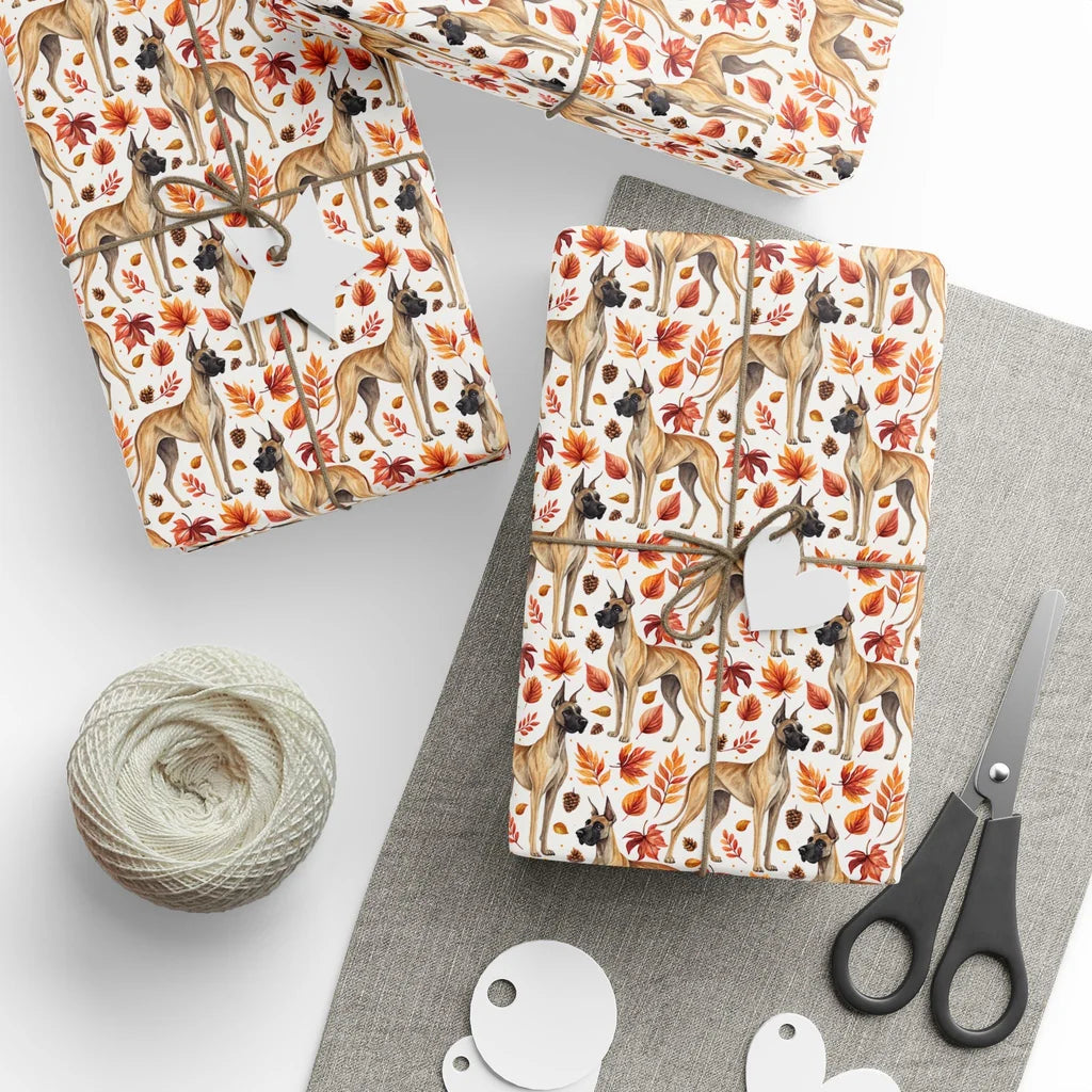 Great Dane Fall Wrapping Paper — styled gift wrapping with scissors and twine