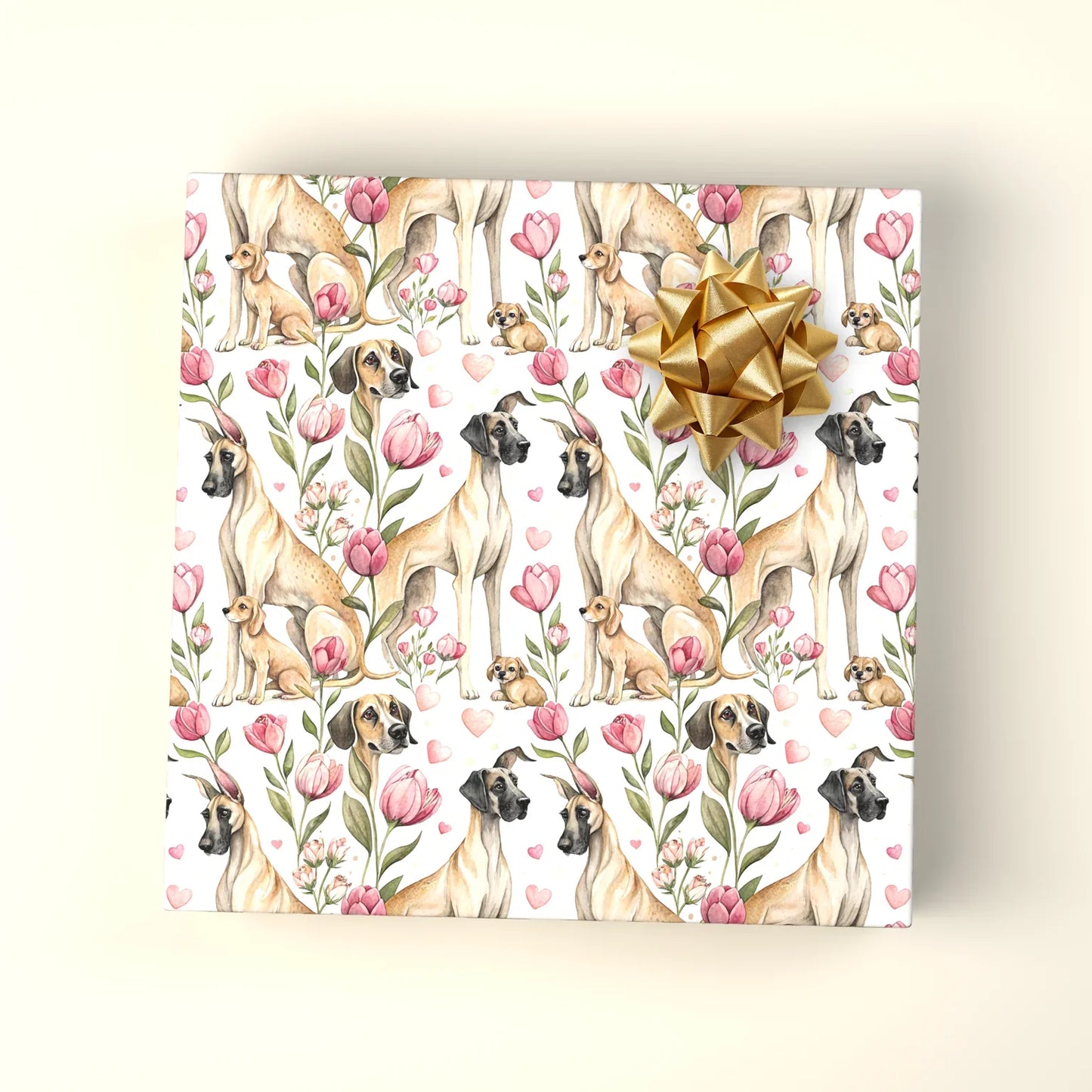 Great Dane Floral Wrapping Paper with Pink Tulips — wrapped gift presentation