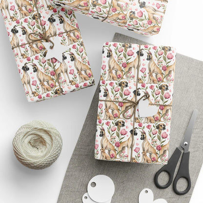 Great Dane Floral Wrapping Paper with Pink Tulips — styled gift wrapping with scissors and twine