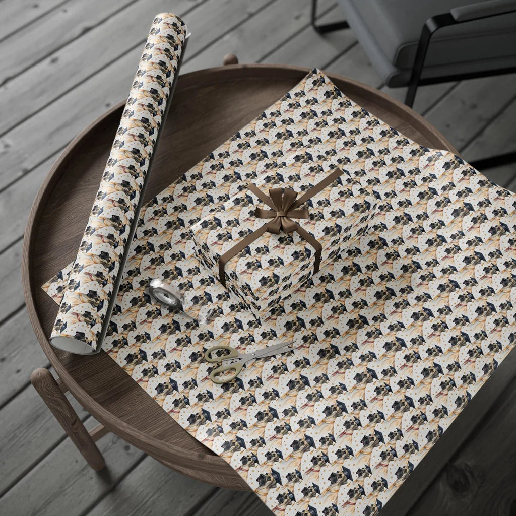 Great Dane Graduation Wrapping Paper — gift wrapping presented on a wooden table