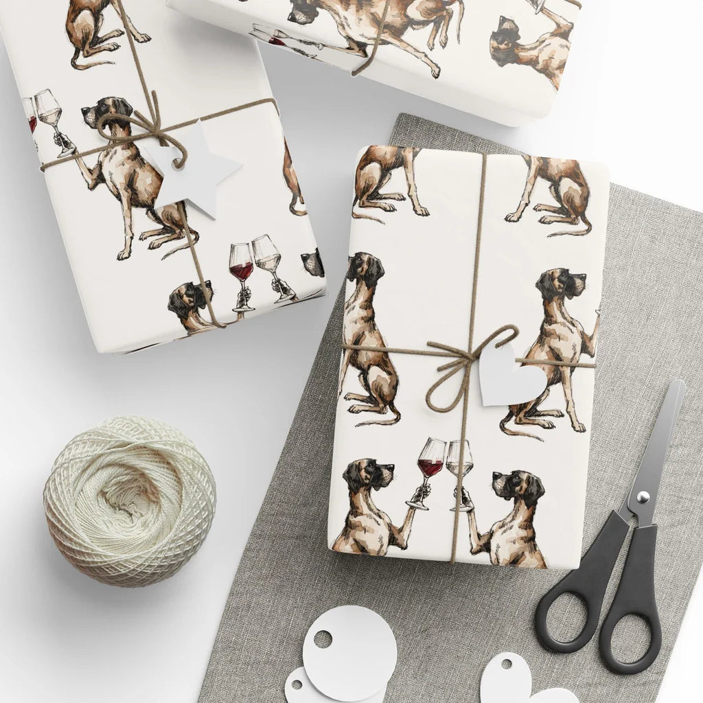 Great Dane Happy Hour Wrapping Paper — styled gift wrapping with scissors and twine