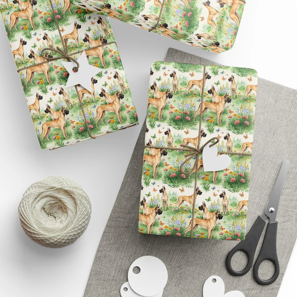Great Dane Spring Wrapping Paper — styled gift wrapping with scissors and twine