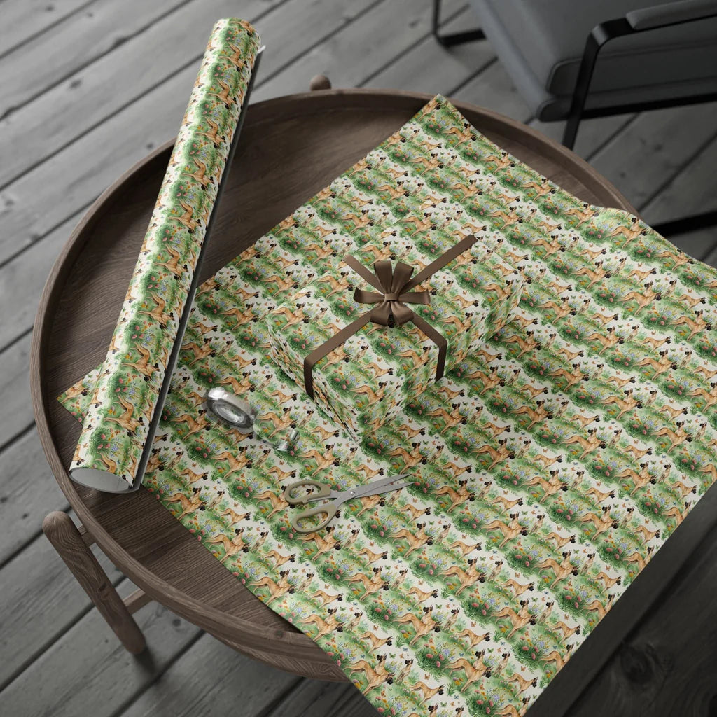Great Dane Spring Wrapping Paper — gift wrapping presented on a wooden table