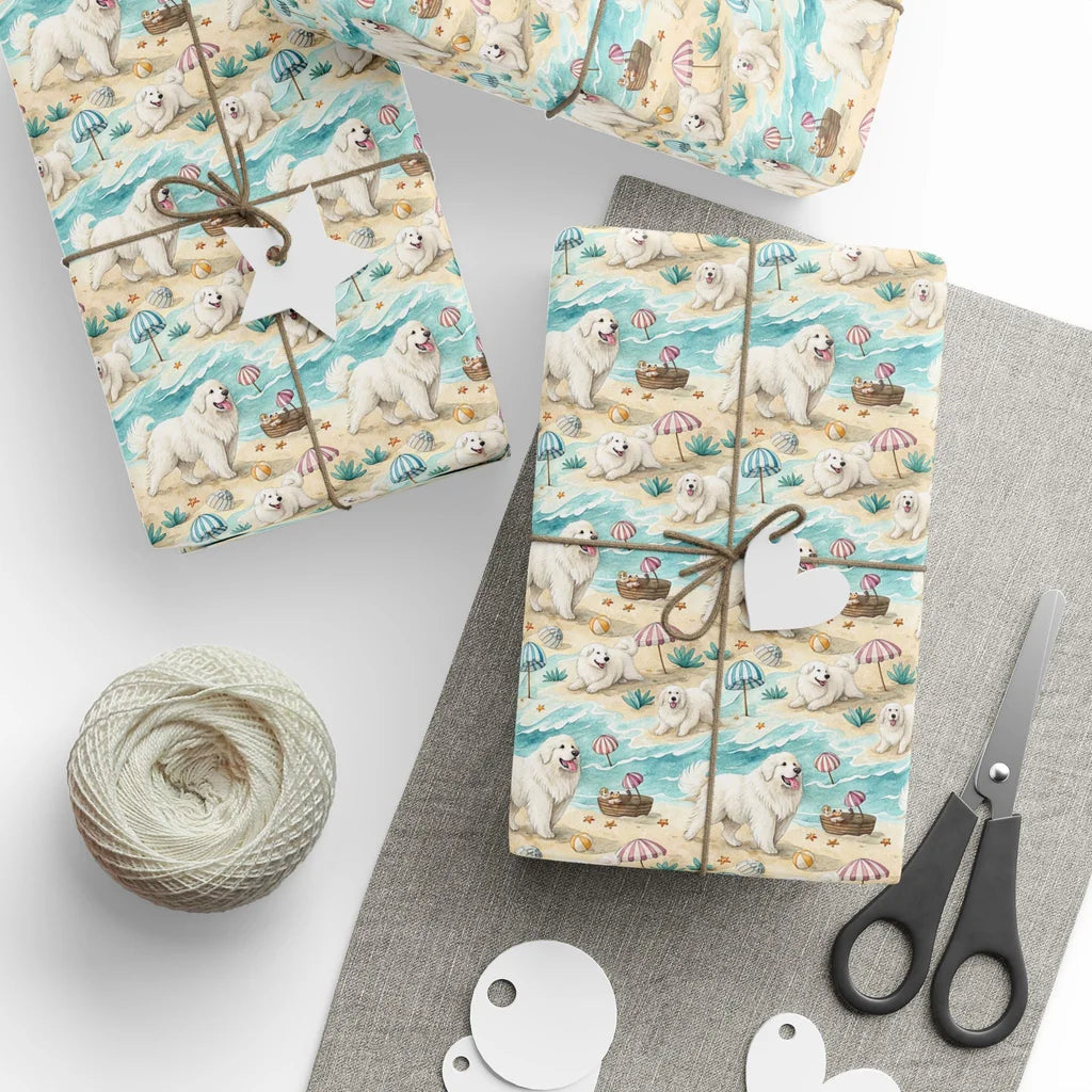 Great Pyrenees Beach Wrapping Paper — styled gift wrapping with scissors and twine
