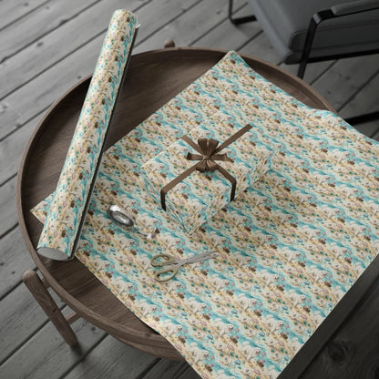 Great Pyrenees Beach Wrapping Paper — gift wrapping presented on a wooden table