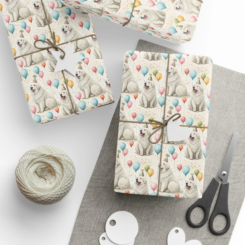 Great Pyrenees Birthday Wrapping Paper — styled gift wrapping with scissors and twine