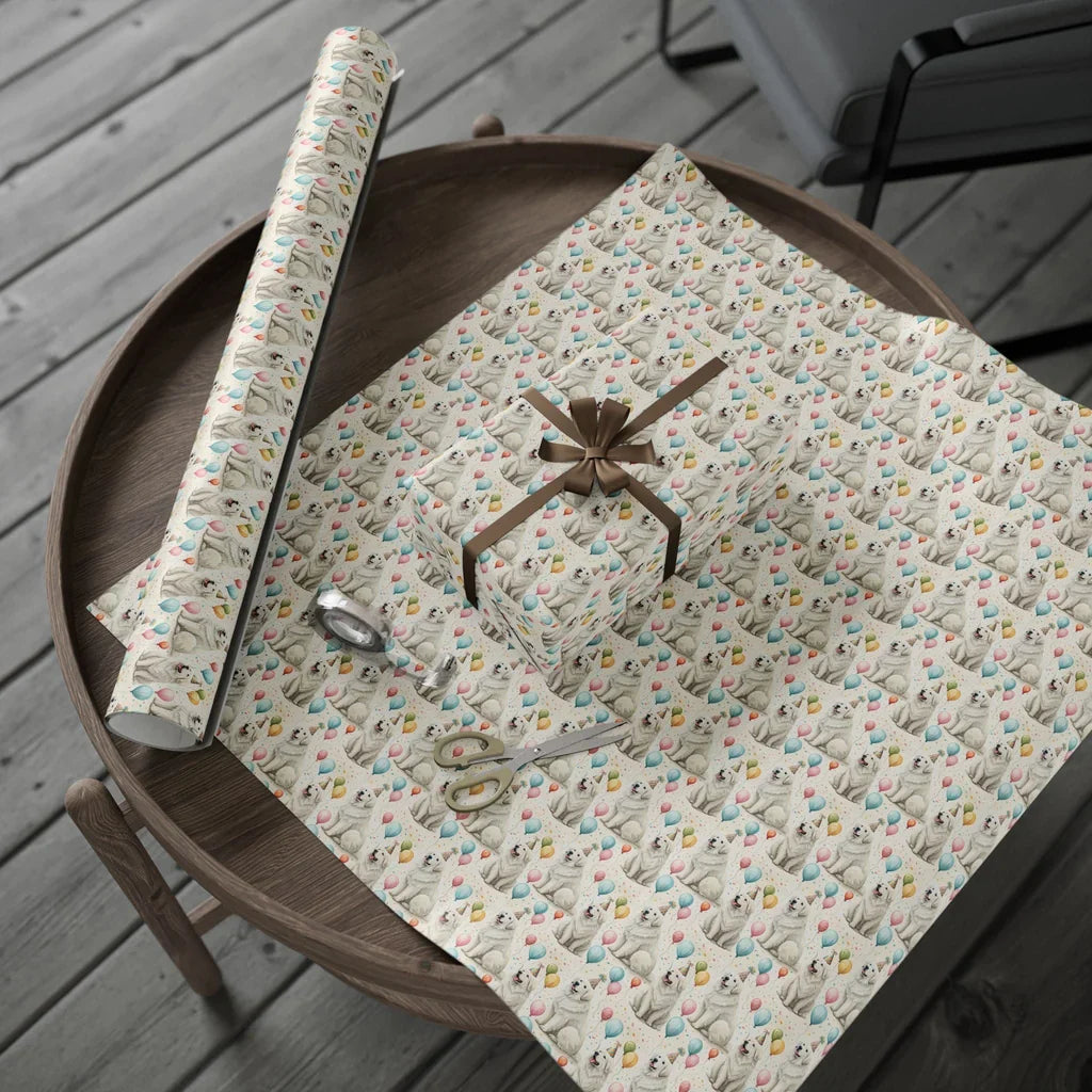 Great Pyrenees Birthday Wrapping Paper — gift wrapping presented on a wooden table